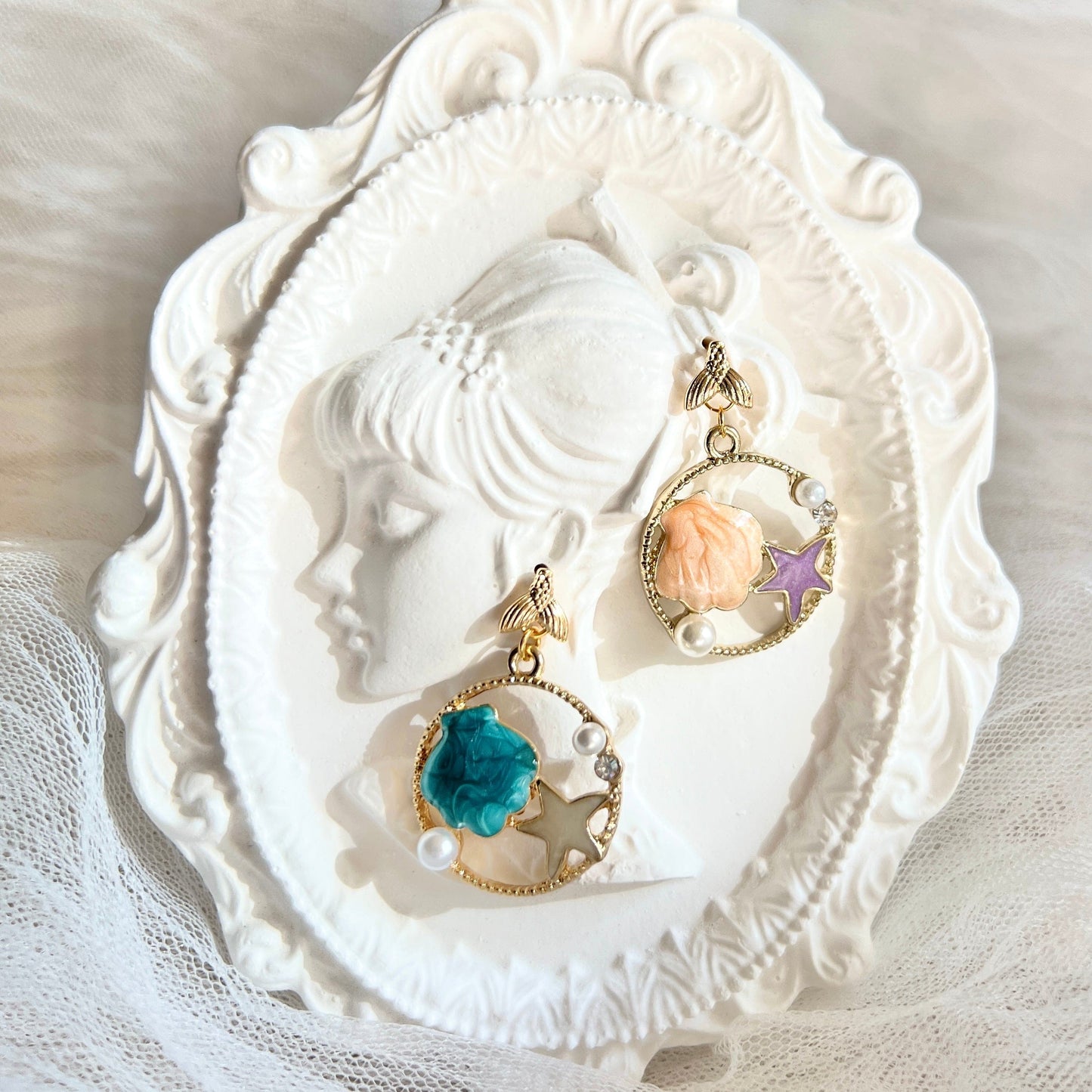 Mermaidland.offical Earrings Peach Twin Shell And Starfish
