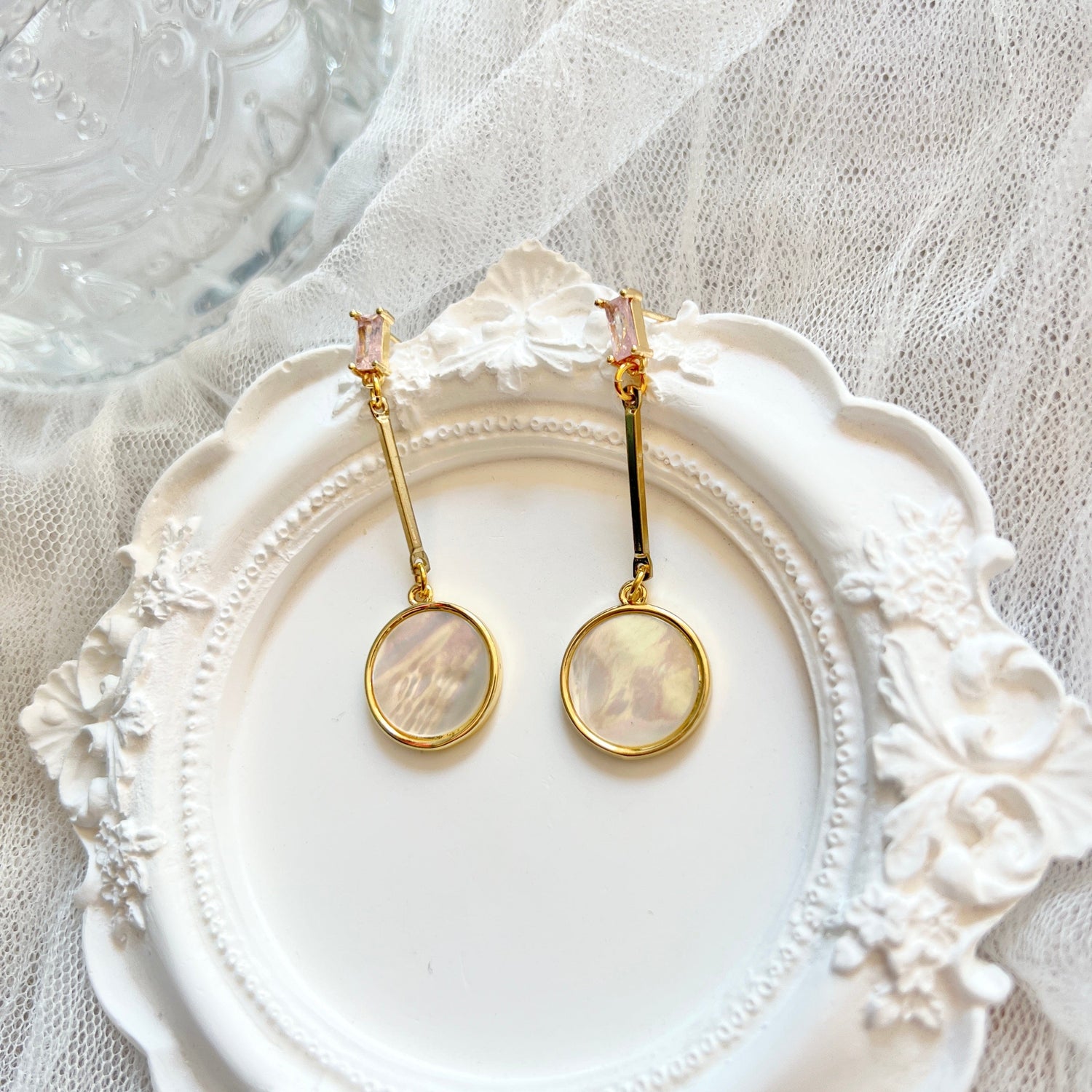 Mermaidland.offical Earrings Pink Zircon Mother Of Pearl